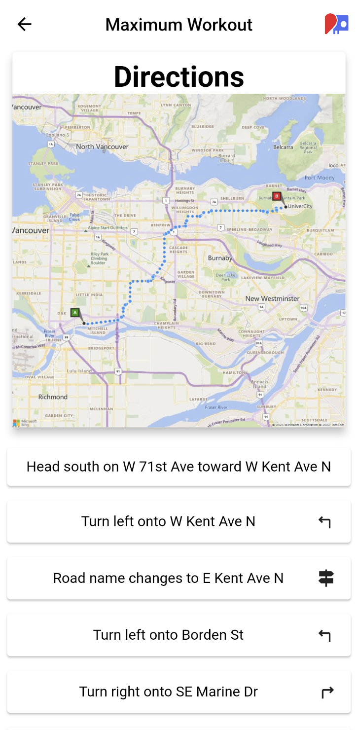 directions screenshot for maximu workout mode