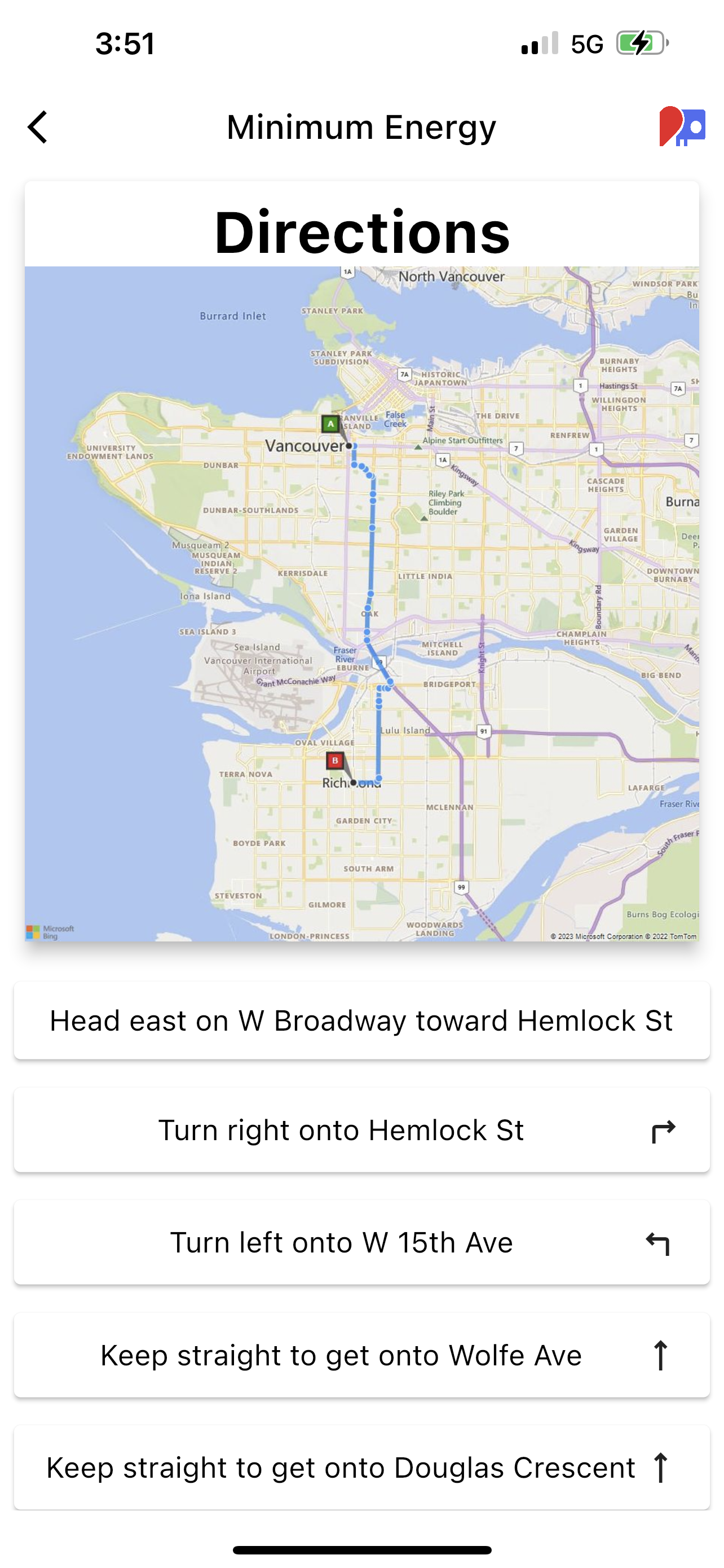 directions screen from a Smoothly topographical navigation search